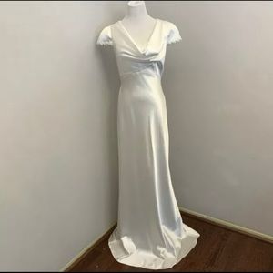 ELIZA J SATIN/CAP SLEEVE/LACE TRIM/COWL NECK/ GOWN